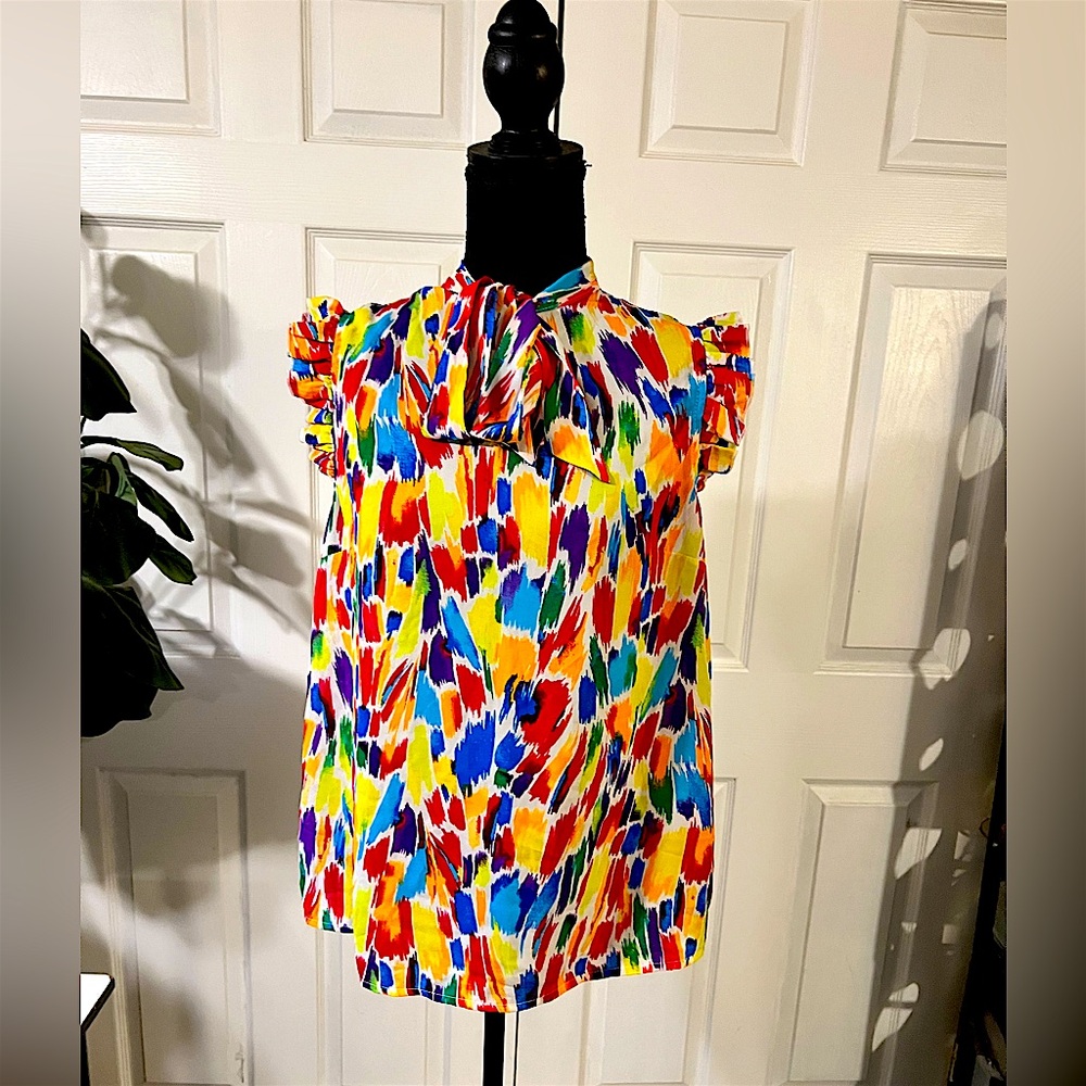 New York & Company Short Sleeve Color Swatch Ruffled Women’s Top/Blouse Sz M